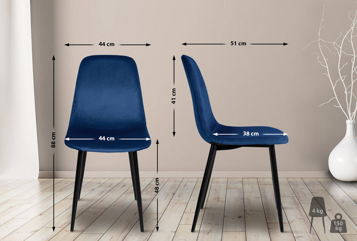 ESSZIMMERSTUHL MOVI Blau Samt Metall 88x44x51 cm - Blau, Metall (44/88/51cm) - DELUKE