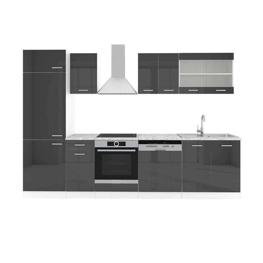 KUHINJSKI BLOK R-Line Antracit visok sijaj/bela 300 cm z delovno površino - črna/bela, leseni material (300/206.8/60cm) - Vicco