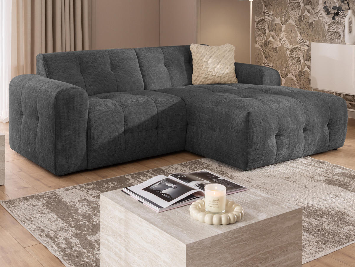 ECKSOFA Kozy im Bumpy-Design mit fester Rückenlehne aus weichem Grau Chenille-Stoff - Ottomane rechts - Schwarz/Grau, Holz/Kunststoff (234/161cm) - S-Style Möbel