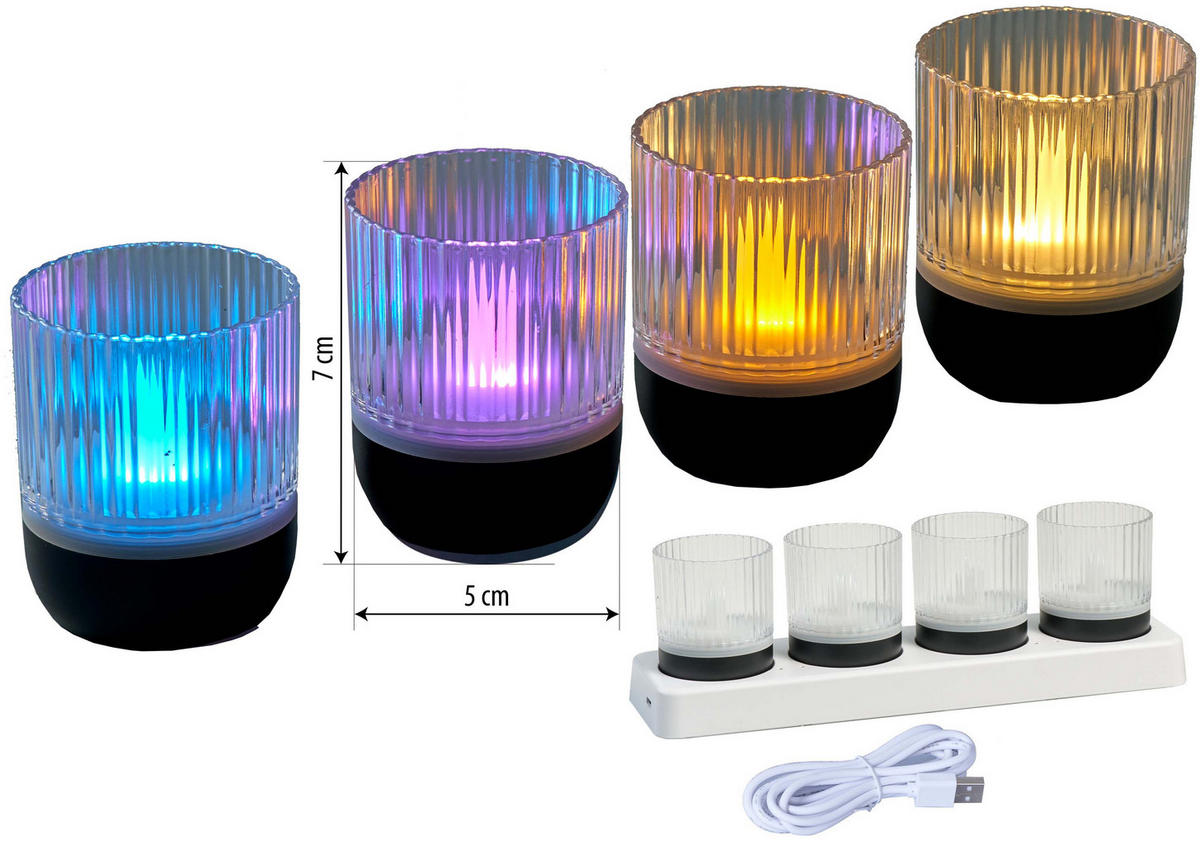 LED-AKKU-LOUNGE-LIGHTS - kabellos mit Touchsensor für Innen und Außen, RGBW Flackereffekt, 4er-Set - Schwarz, Kunststoff (5/5/7cm) - Northpoint