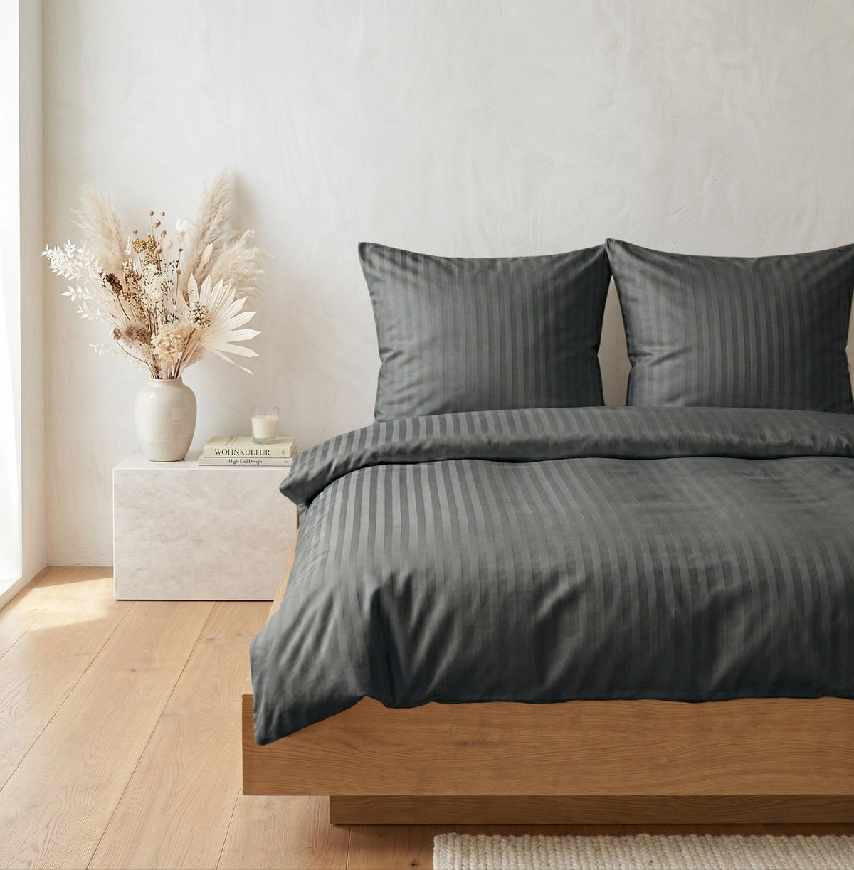 BETTWÄSCHE Damast 155x220 Anthrazit Dunkelgrau gestreift - Made in Germany - Anthrazit, Textil (155/220cm) - Carpe Sonno