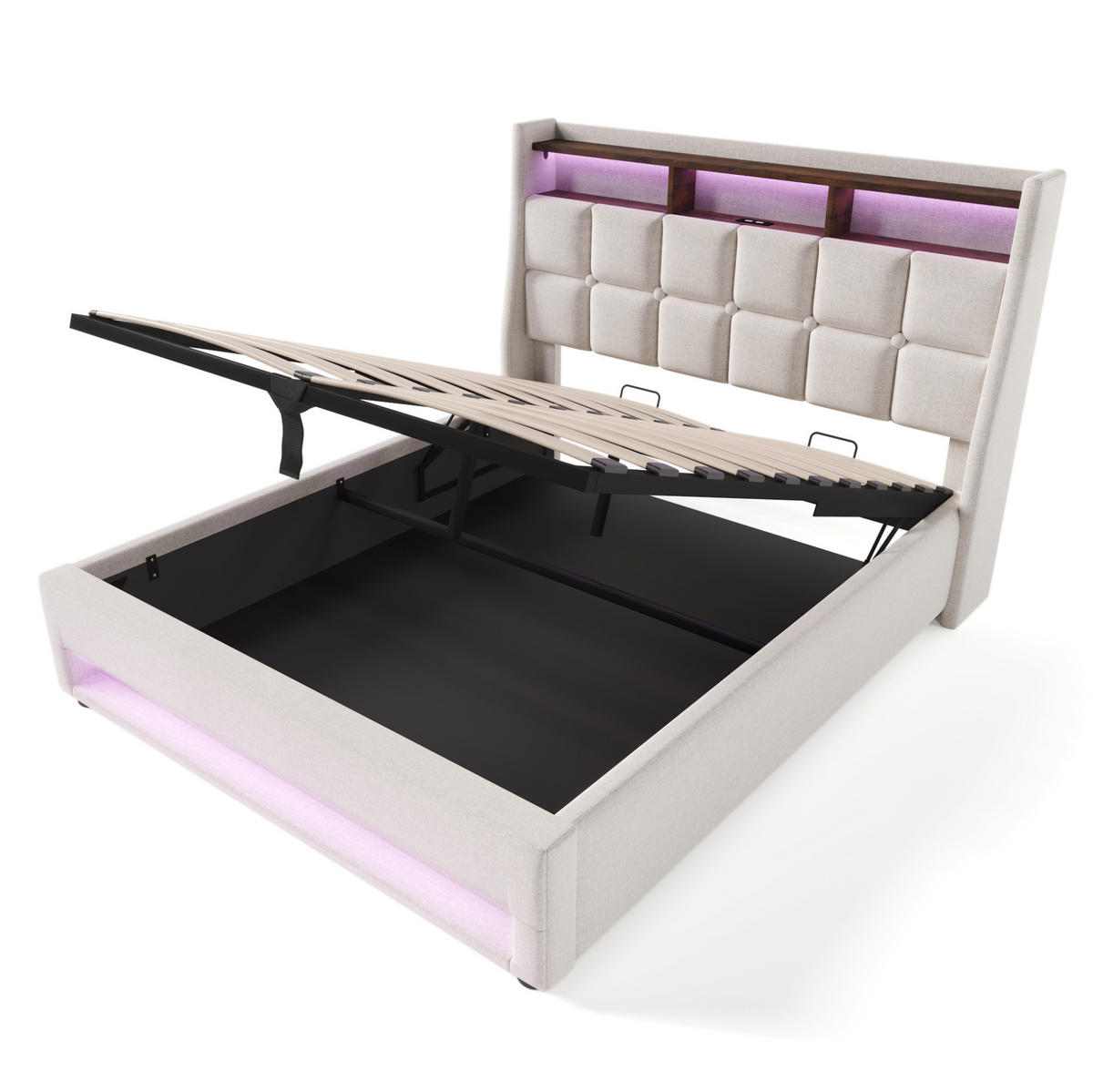 POLSTERBETT mit LED-Beleuchtung 140/200 cm mit Bettkasten und USB - Beige, Textil (140/200cm) - BEAOK