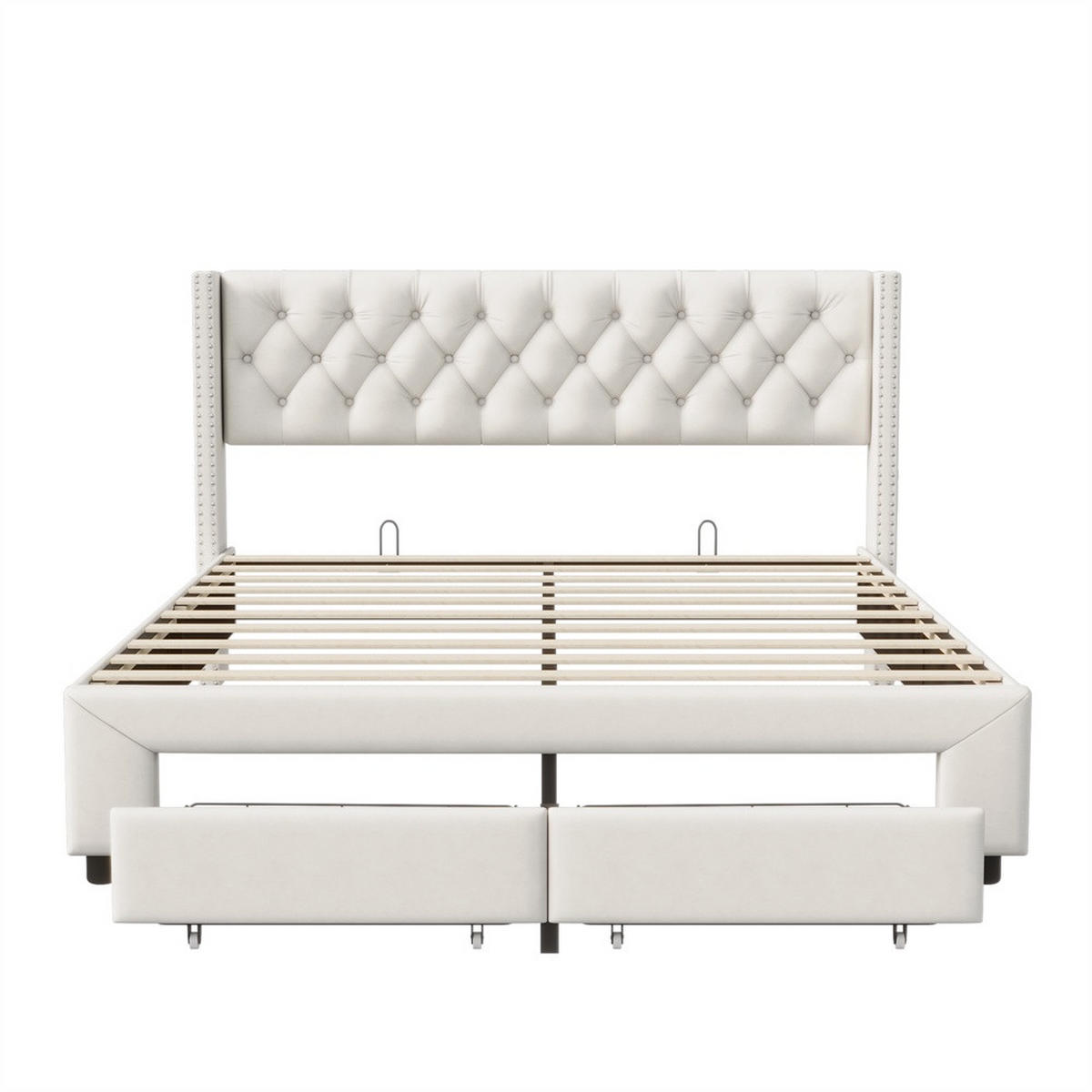 POLSTERBETT 180x200 cm mit LED-Beleuchtung - mit USB-Ports, Seitentaschen und 2 Schubladen - Kopfteil im Nieten-Design - Beige, Textil (180/200cm) - DELFA