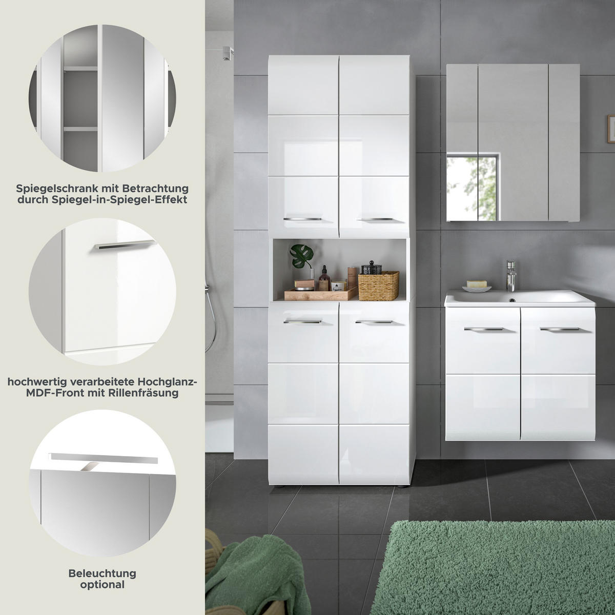 BADKOMBINATION Ice 135x185x46 cm weiß Hochglanz MDF 3tlg. - Weiß, Holz (135/185/46cm)