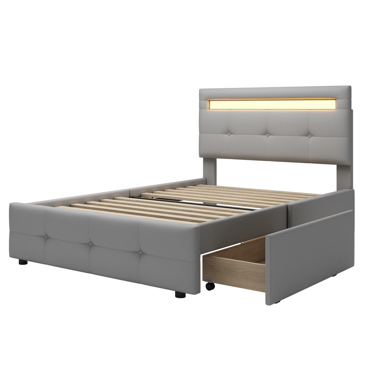 POLSTERBETT aus Polsterstoff 90x200 cm in Grau mit LED & 2 Schubladen - Grau, Textil (90/200cm) - Modfu