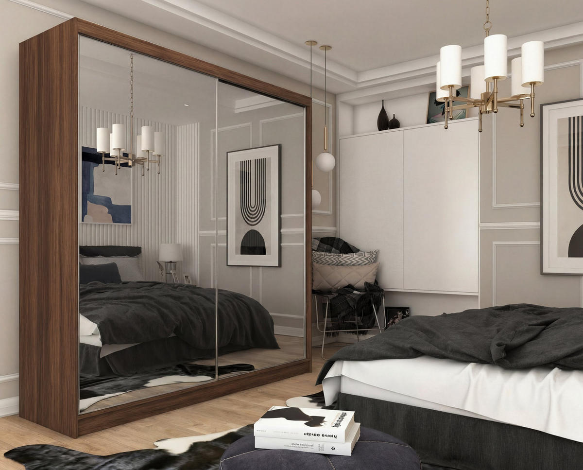 SCHWEBETÜRENSCHRANK BELLINA 200/216/61 cm Modern Kleiderschrank 2-türig mit Spiegel Nussbaumfarben - Nussbaumfarben, Holzwerkstoff (200/216/61cm) - MASSENO