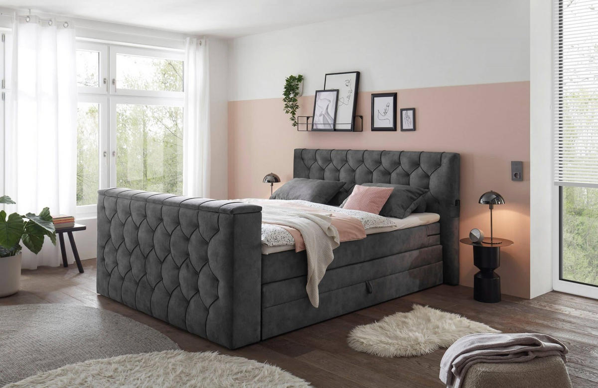 BOXSPRINGBETT 180x200 – motorisierte TV‑Halterung, Gel-Lux-Topper, Duo‑Wendematratze H3/H4 - Anthrazit, Textil (180/200cm) - ed exciting design