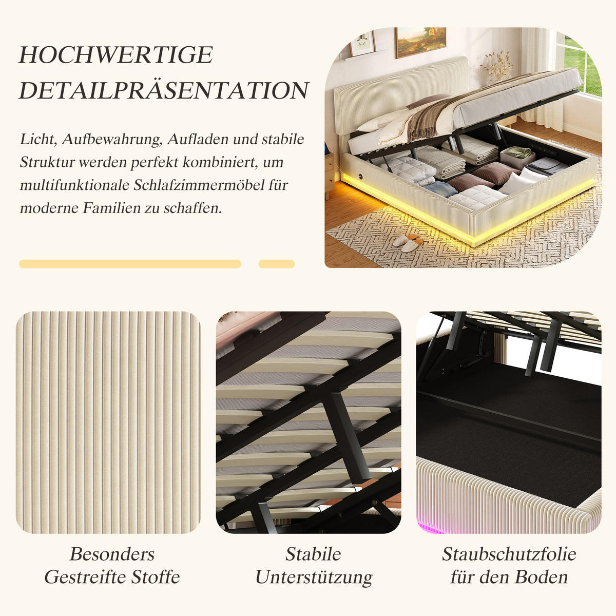 POLSTERBETT 180/200 cm in Beige Cord mit Stauraum, LED und USB-C - Beige, Holzwerkstoff/Textil (180/200cm) - WISHDOR