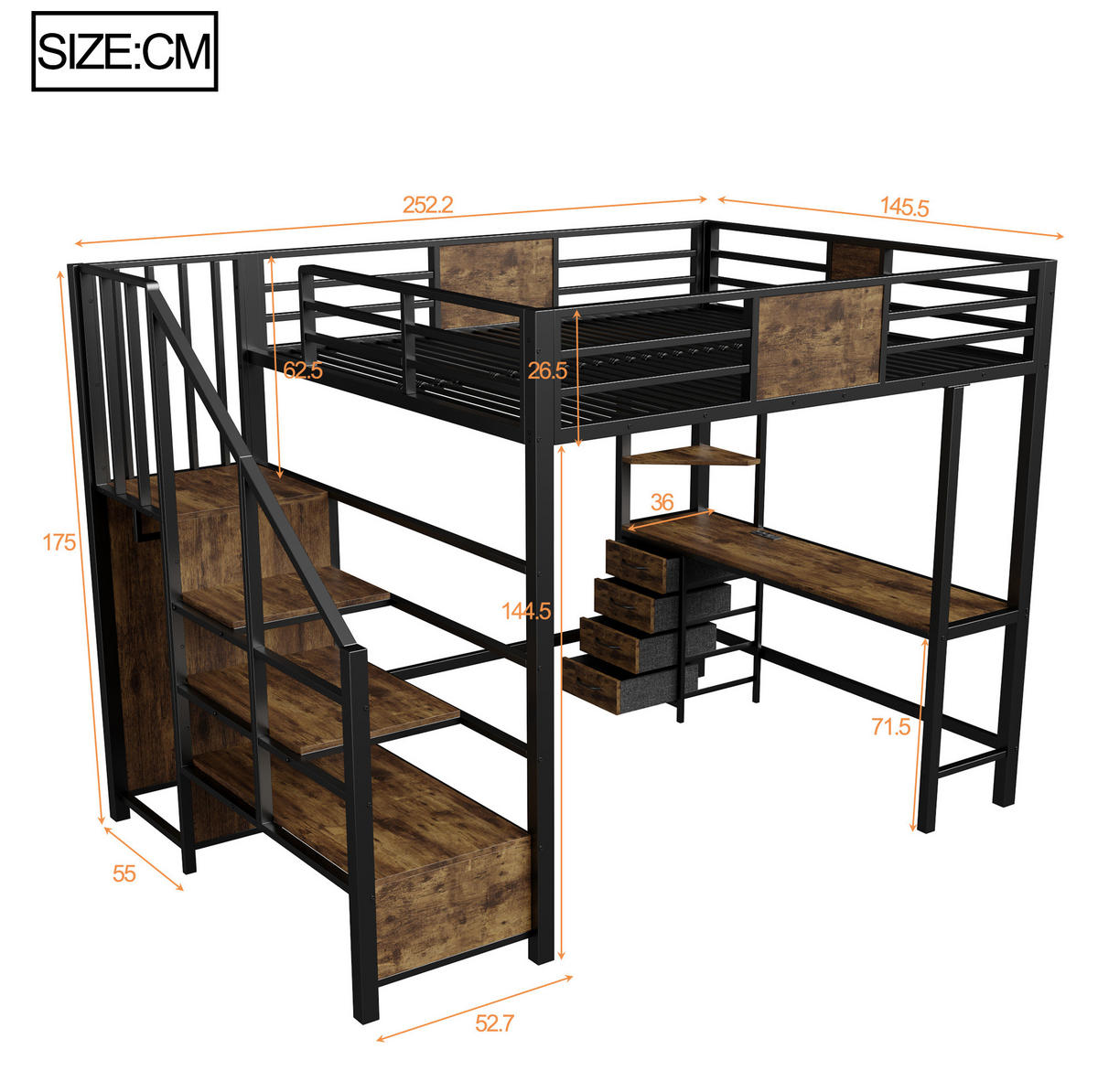 HOCHBETT 140/200 cm aus Metall mit Schreibtisch, Ablagen, Kleiderstange und LED Schwarz - Schwarz, Metall (140/200cm) - Modenvie