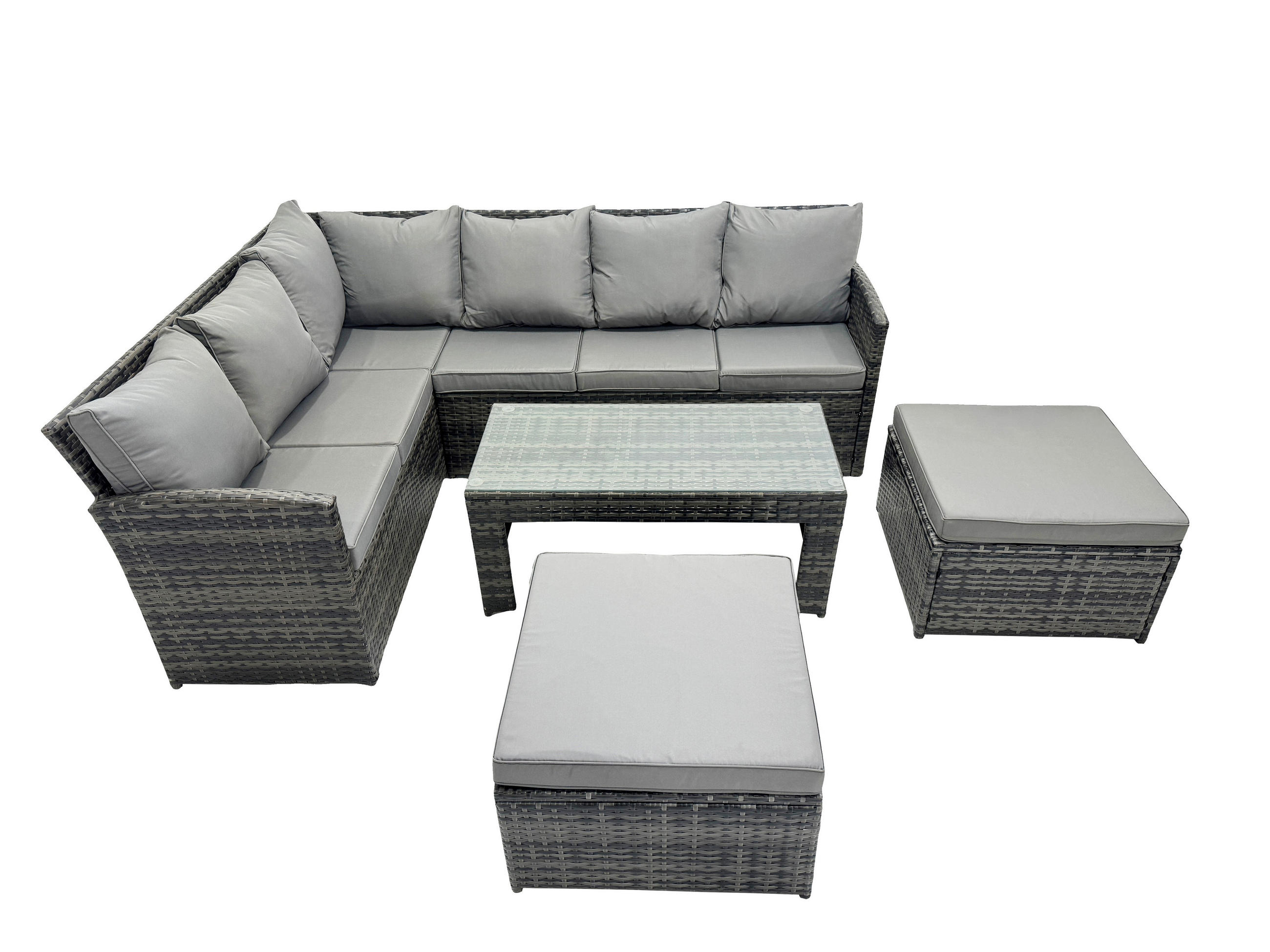 SITZGRUPPE mit Ecksofa,Länglicher Couchtisch ,2 Hockern Polyrattan 8-Sitzer - Dunkelgrau/Grau, Glas/Kunststoff - Fimous
