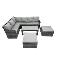 SITZGRUPPE mit Ecksofa,Länglicher Couchtisch ,2 Hockern Polyrattan 8-Sitzer - Dunkelgrau/Grau, Glas/Kunststoff - Fimous