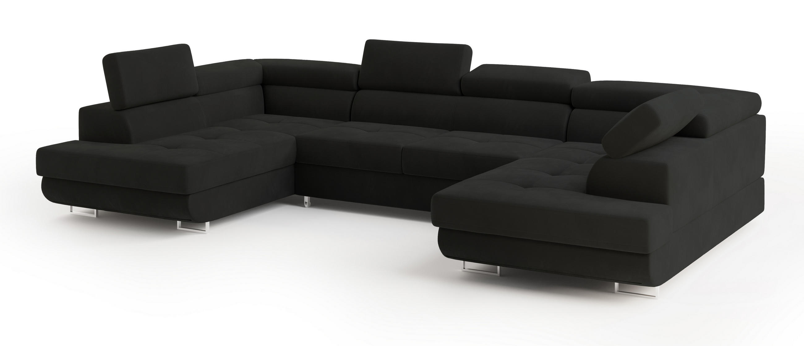 WOHNLANDSCHAFT RAGGIO Schwarz Velours-Stoff mit Schlaffunktion - Schwarz, Holz (336/90/202cm) - MASSENO