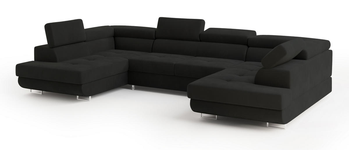 WOHNLANDSCHAFT RAGGIO Schwarz Velours-Stoff mit Schlaffunktion - Schwarz, Holz (336/90/202cm) - MASSENO