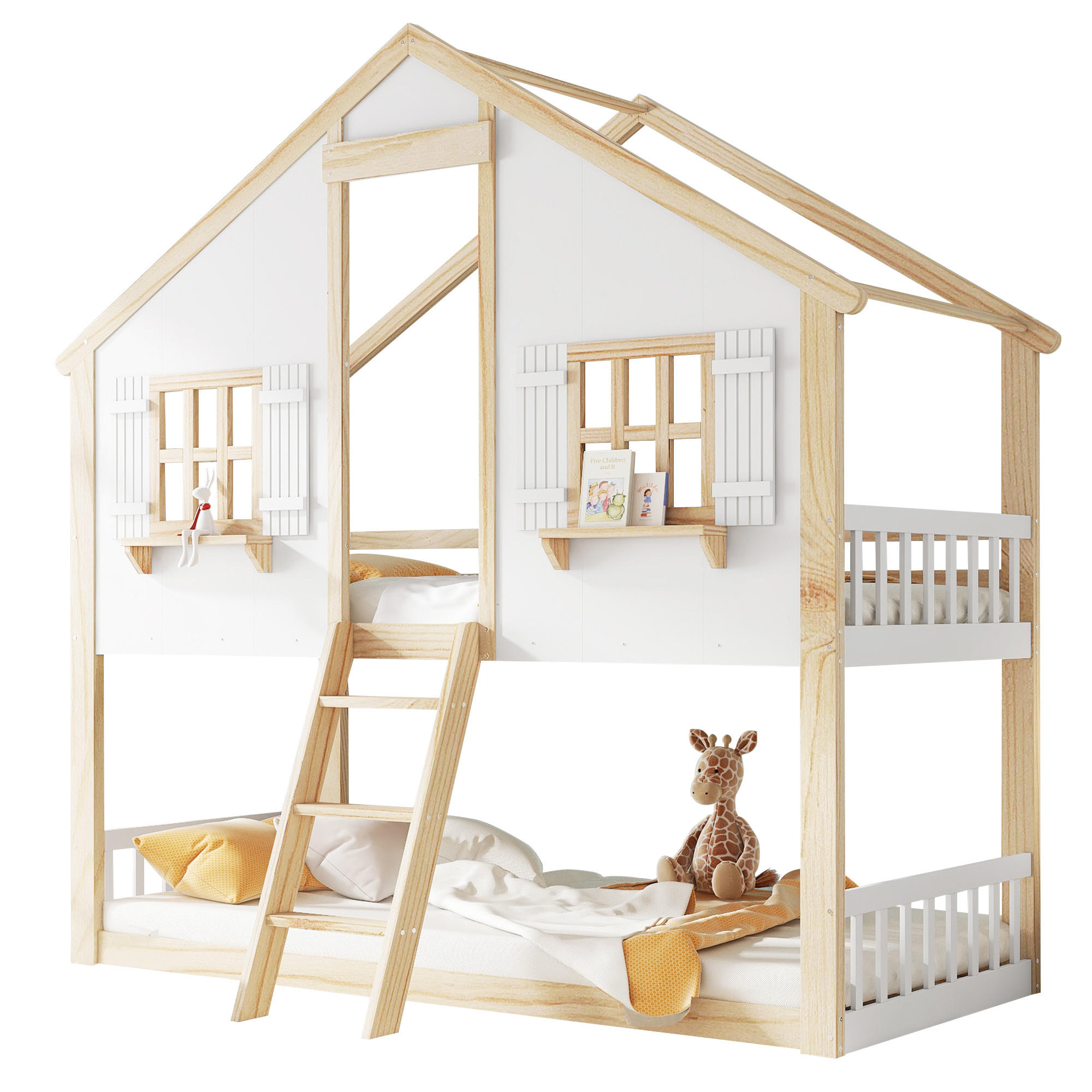 ETAGENBETT 90/200 cm Weiß+Natur mit Schrägleiter und Sicherheitsgeländern aus Kiefer und MDF - Weiß, Holzwerkstoff (90/200cm) - OKWISH