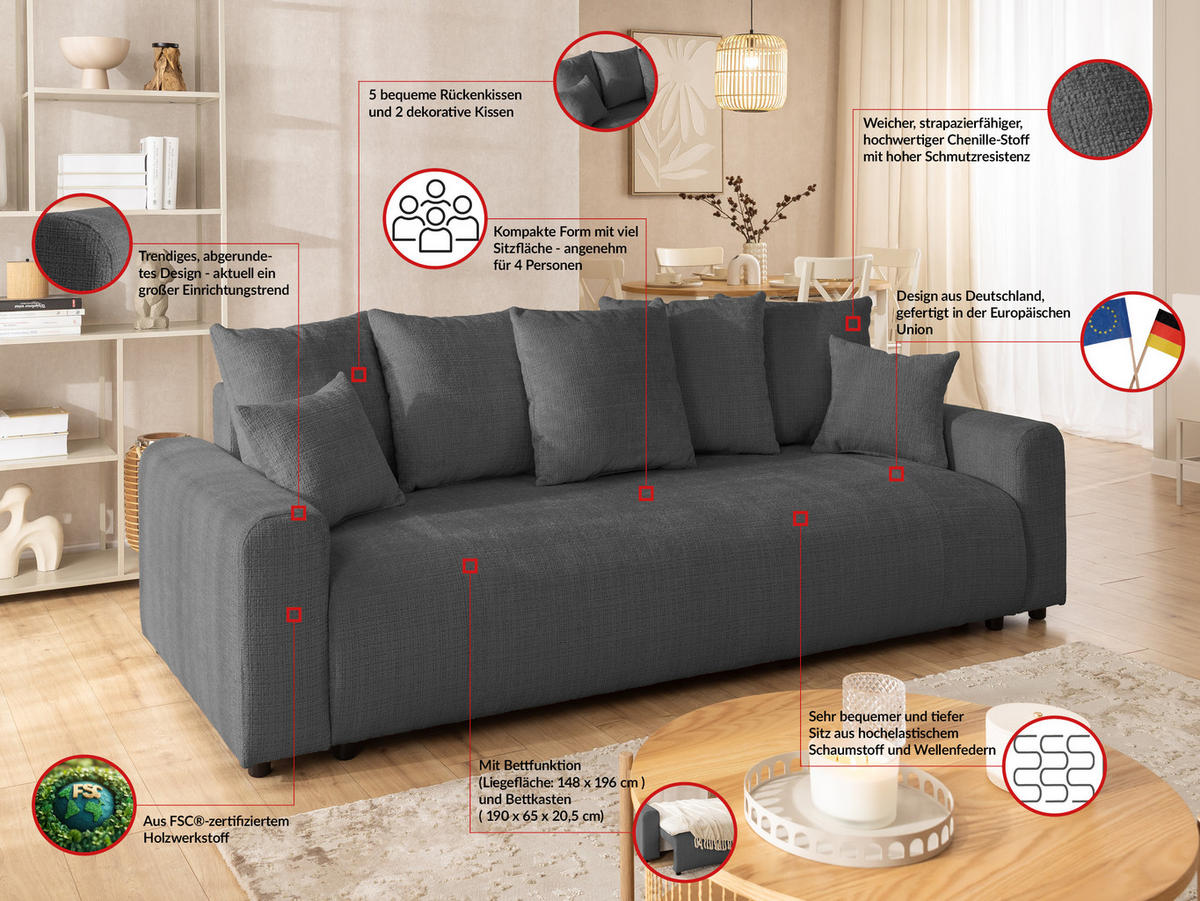 SCHLAFSOFA Calma mit Bettkasten im Bumpy-Design aus weichem Grau Chenille-Stoff - Schwarz/Grau, Holz/Kunststoff (239/88/98cm) - S-Style Möbel