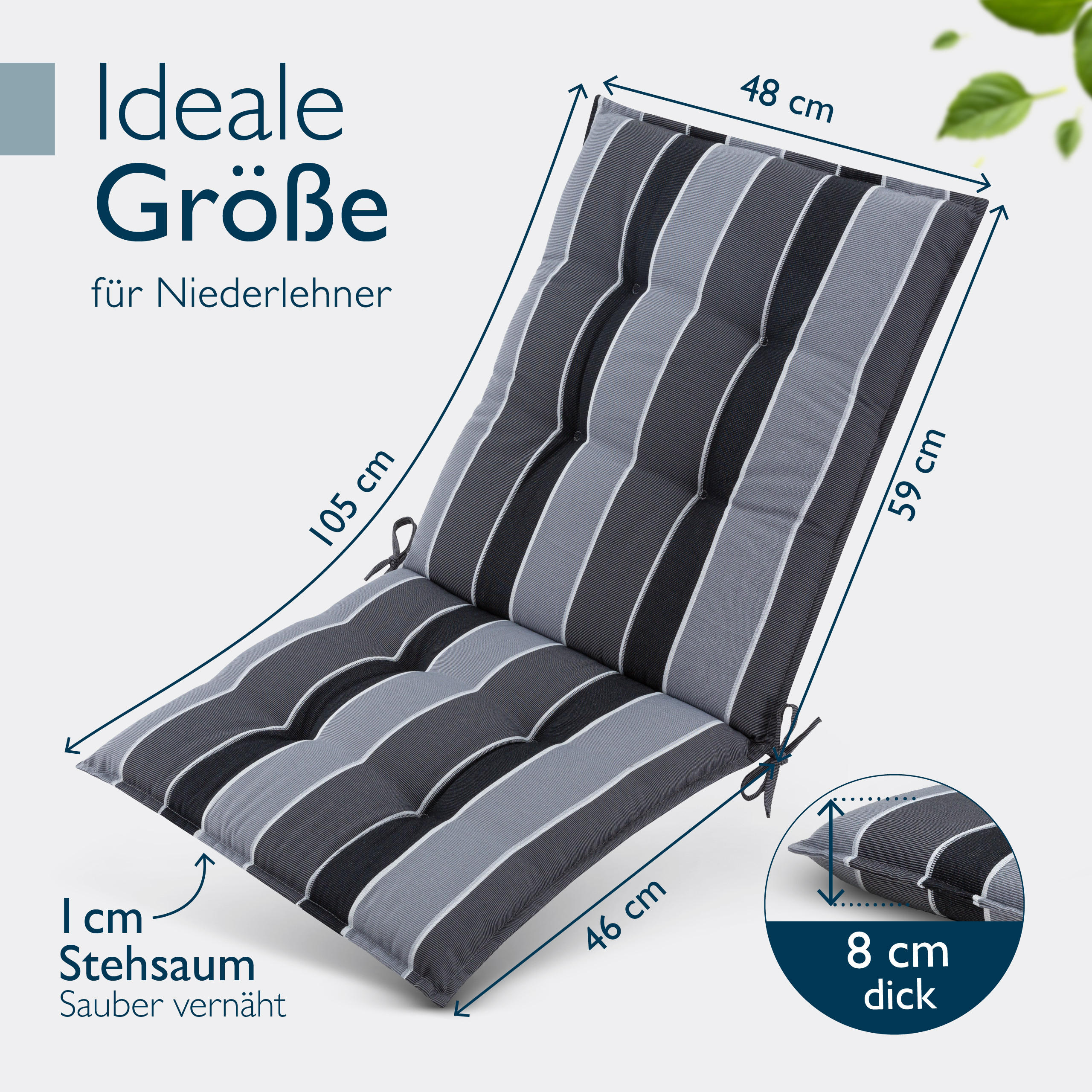 NIEDERLEHNERAUFLAGE Sun-NL 105/50/8cm Anthrazit-Gestreift - Multicolor, Textil (50/8/105cm) - Beautissu 