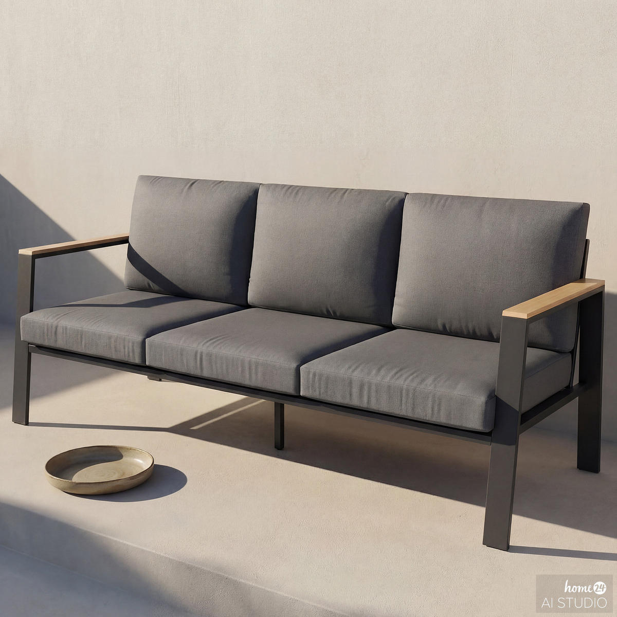 3-SITZER LOUNGESOFA - Aluminium / Polyester - Anthrazit - Anthrazit/Braun, Holz/Textil (191/74/75cm) - home24