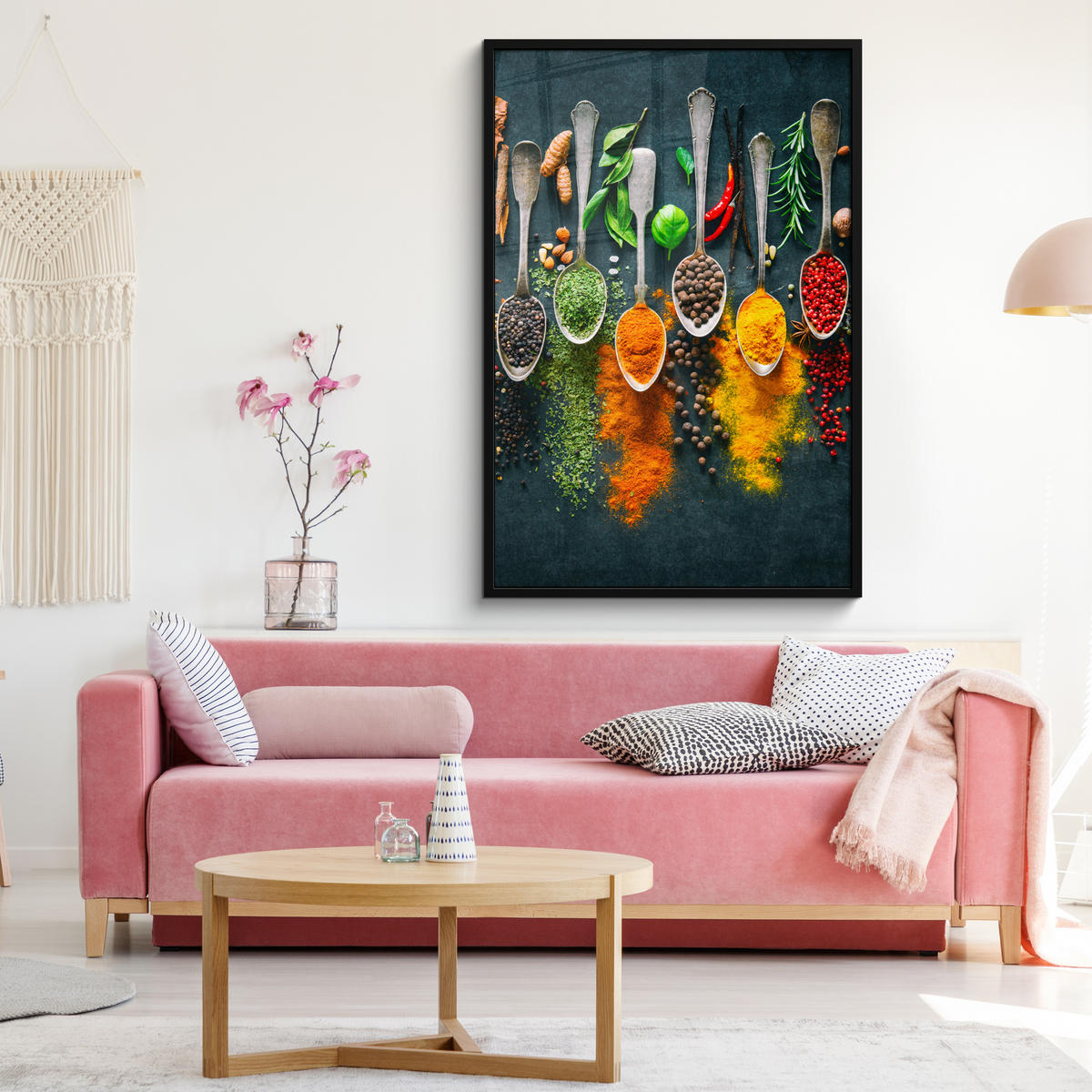 GERAHMTES BILD Kräuter - Gewürze - Löffel 80x120 cm - Currygelb, Papier (80/120cm) - MuchoWow