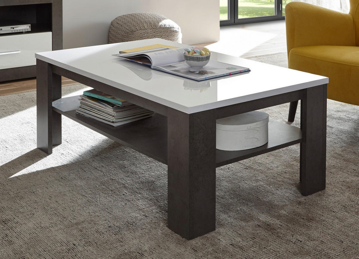 COUCHTISCH weiß Hochglanz, grau Stone 118 x 72 cm, Beistelltisch mit Ablage - Weiß Hochglanz/Grau, Holzwerkstoff (118/73/46cm) - Furn.Design