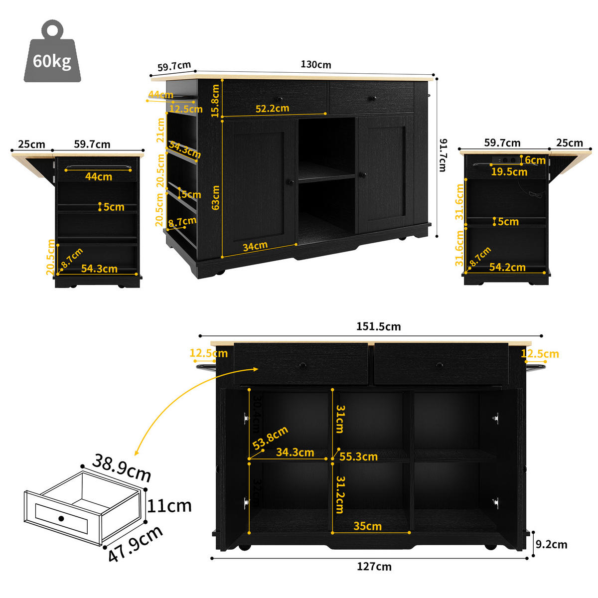 KÜCHENINSEL 151,5/59,7/91,7 cm schwarz mit Steckdosen und klappbarer Tischplatte - Schwarz, Holzwerkstoff (151.5/91.7/84.7cm) - OKWISH