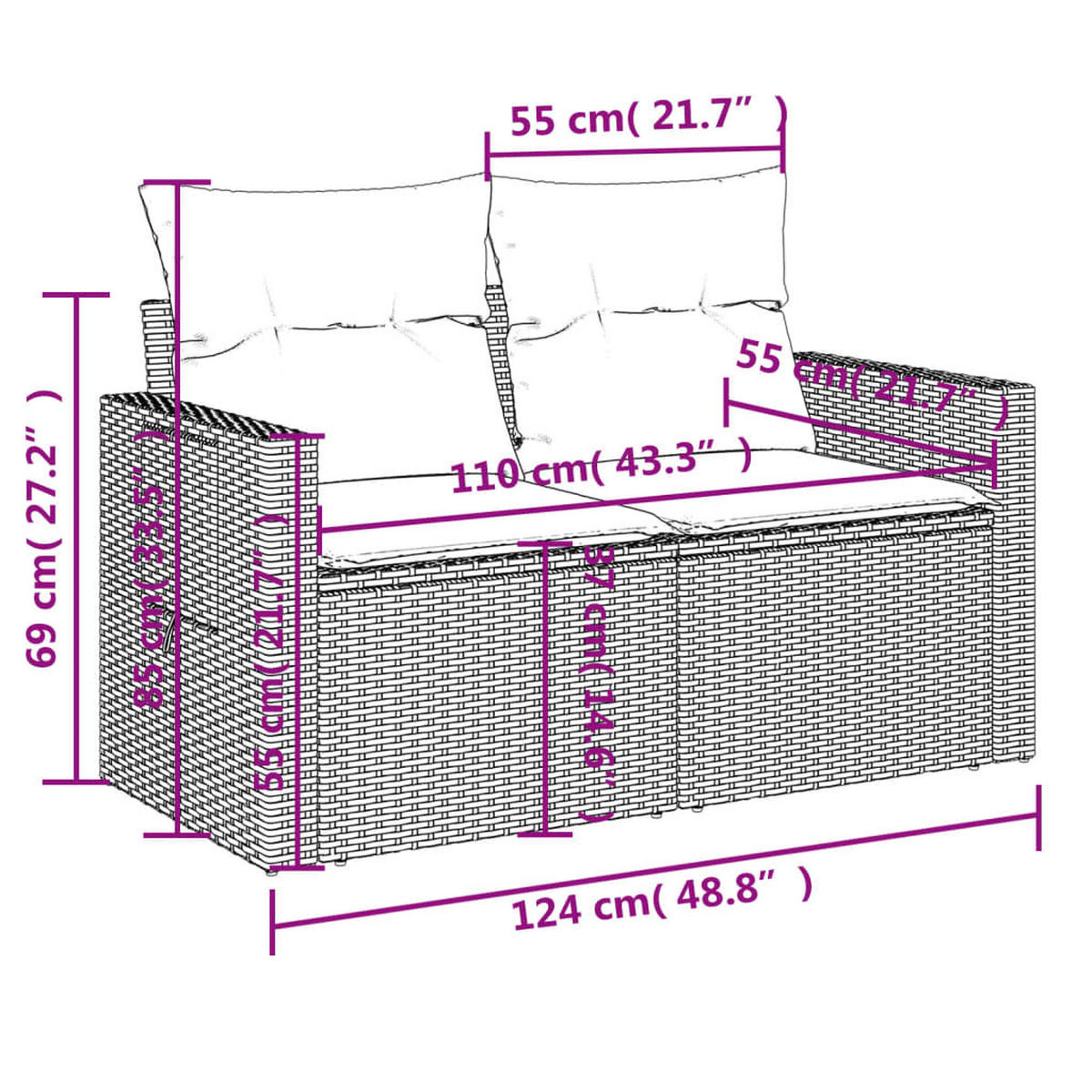 GARTENSOFA 2-Sitzer Mit Kissen Grau Poly Rattan - Grau, Kunststoff (124/69/62cm) - vidaXL