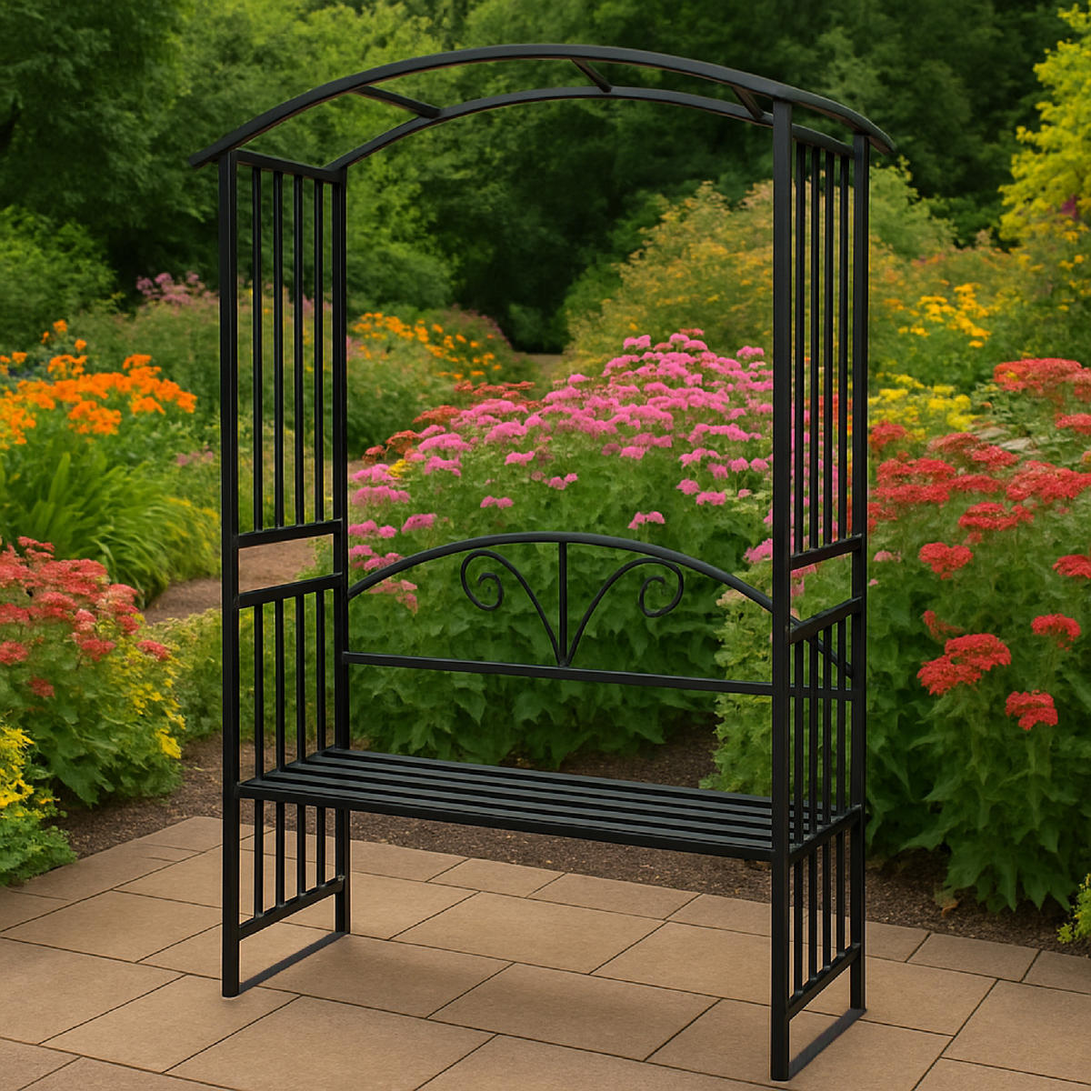 ROSENBOGEN Burton - Rankhilfe mit geschwungenem Oberteil und integrierter Sitzbank für 2 Personen. BxTxH: 150x50x230 cm - Schwarz, Metall (150/230/50cm) - TPFGarden