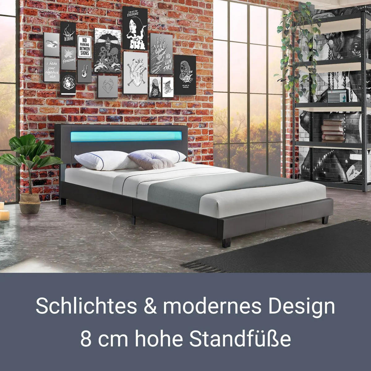 POLSTERBETT Paris dunkelgrau 180x200cm mit Matratze und LED (16 Farben) - Grau, Textil (180/200cm) - Juskys