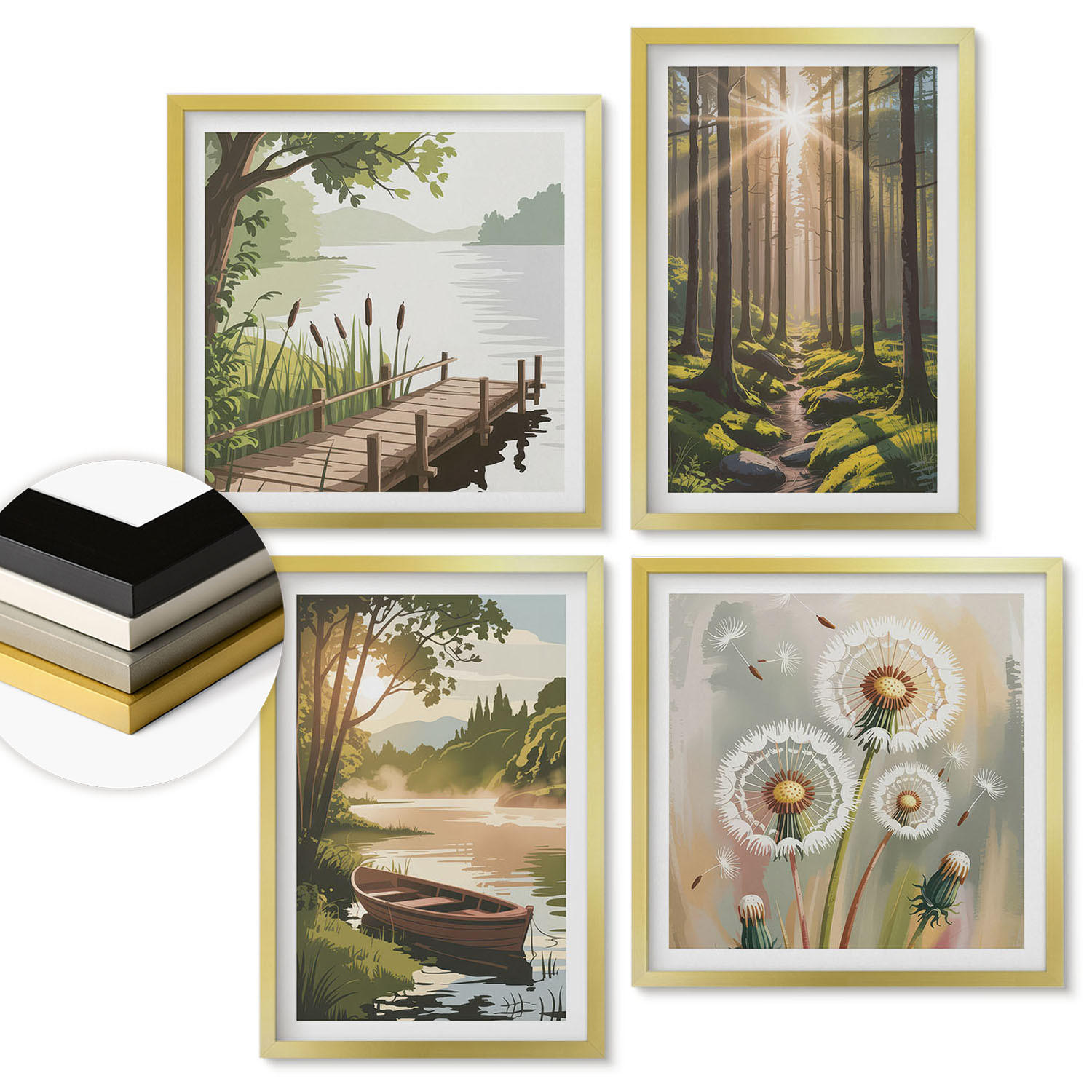 WANDBILDER 4er Set - 50x50 cm & 40x60 cm Goldrahmen - Waldlandschaft, See Łódź - Goldfarben, Kunststoff (50/50cm) - ArtPrintCave