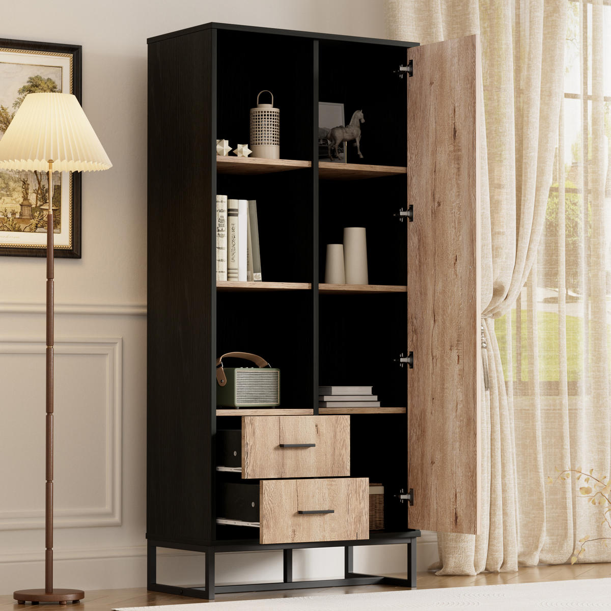 HOCHSCHRANK mit 2 Schubladen und offenen Fächern Schwarz - Schwarz, Holzwerkstoff (40/180/80cm) - Urban Meuble