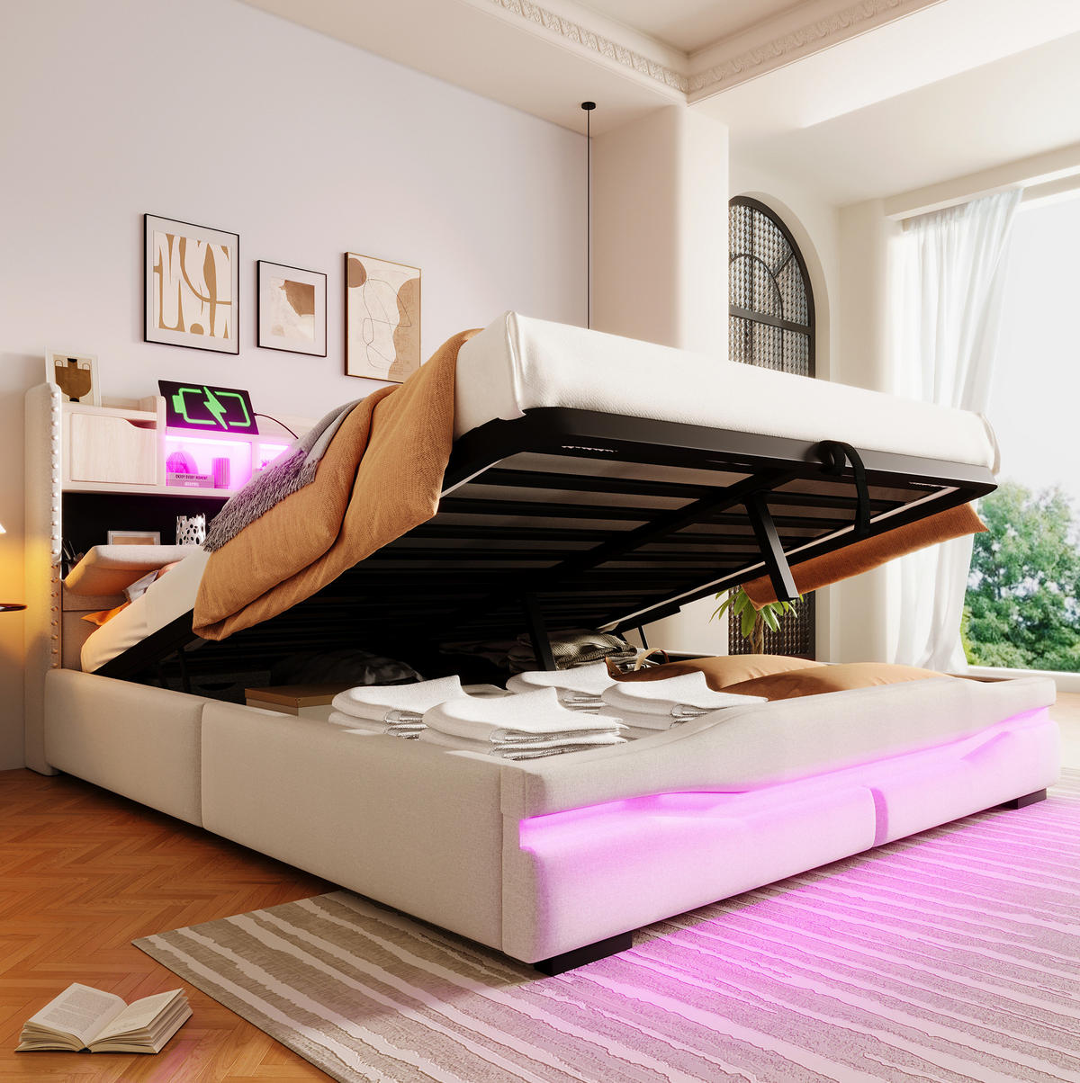 ČALÚNENÁ posteľ z ľanu, 160/200 cm béžová, s LED osvetlením, úložným priestorom a USB-C - béžová, textil (160/200cm) - BEAOK