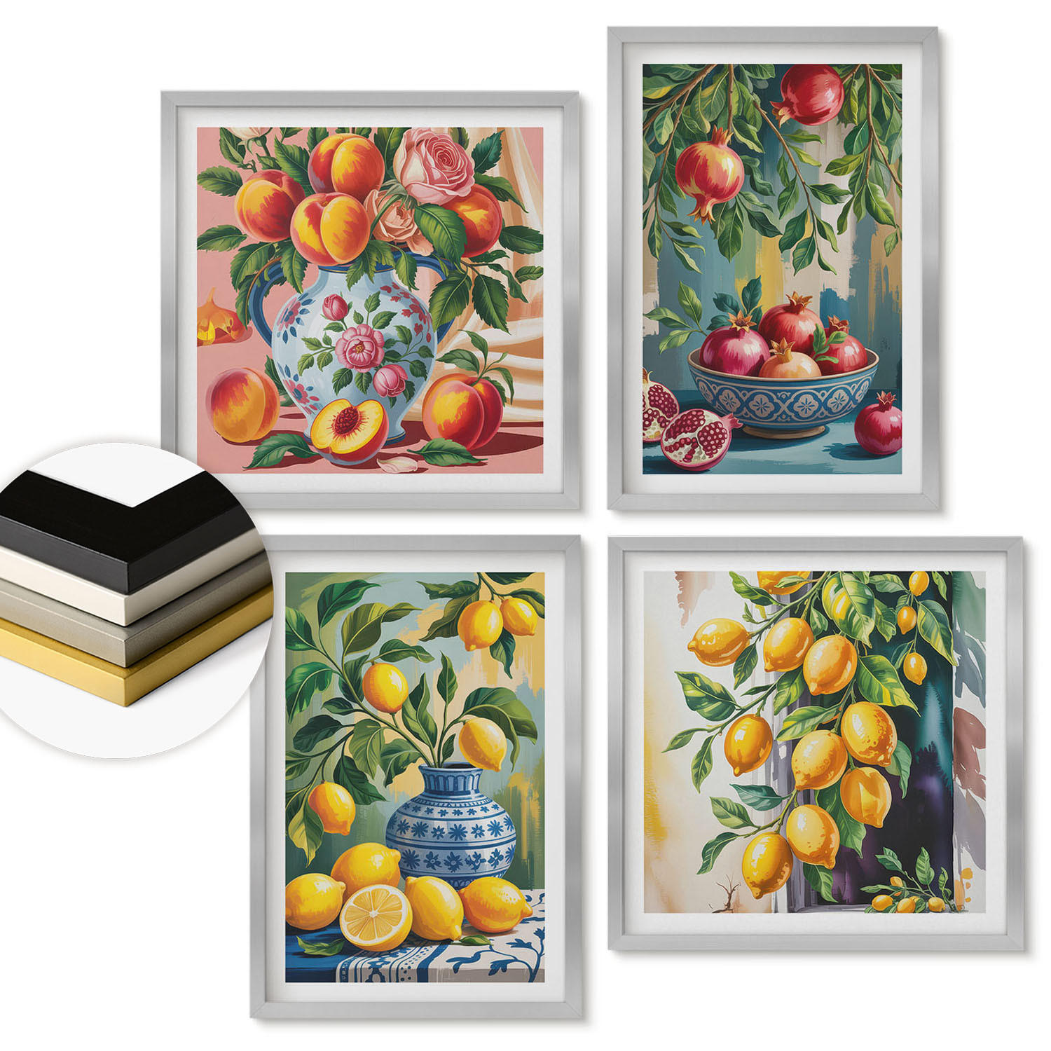 WANDBILDER 4er Set - 50x50 cm & 40x60 cm Silberner Rahmen - Fruchtzusammensetzungen - Silberfarben, Kunststoff (50/50cm) - ArtPrintCave