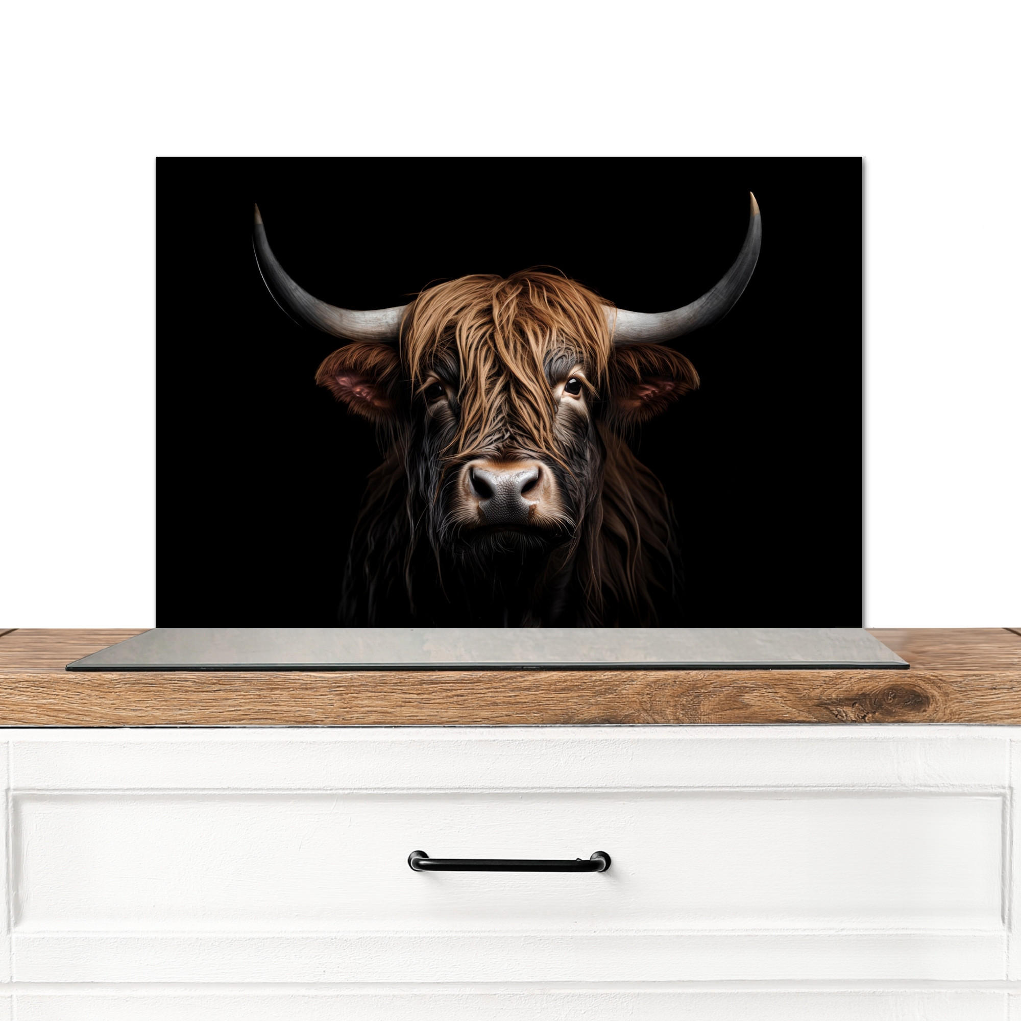 SPRITZSCHUTZ KÜCHE Schottischer Highlander - Porträt - Schwarz - Tier 70x50 cm - Braun, Metall (70/0.3/50cm) - MuchoWow