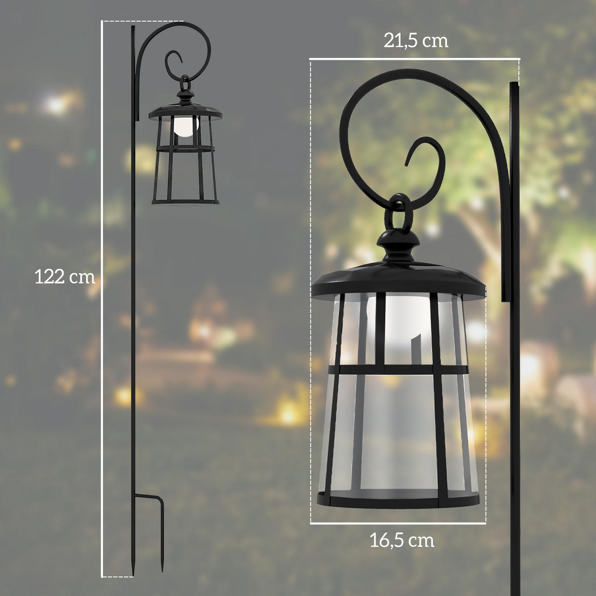 GARTENLATERNE, Schwarz, ABS, Metall - Schwarz, Metall (16.5/21.5/122cm) - Outsunny