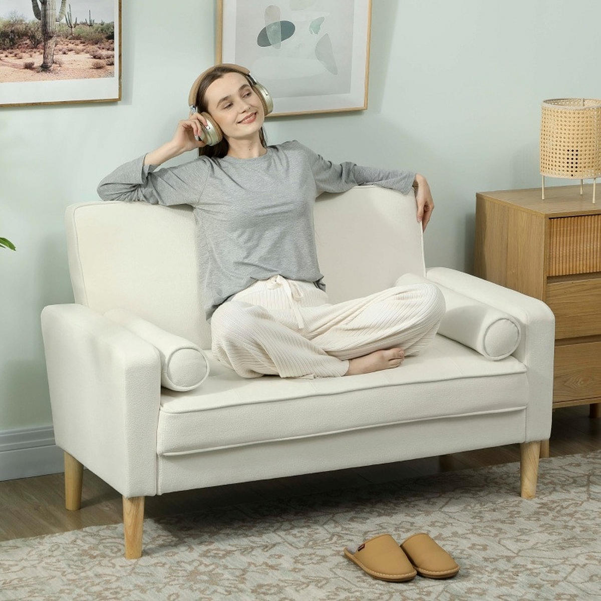 SOFA 2-Sitzer 130 cm Polyester Cream White - Weiß, Holz (74.5/82/130cm) - Meubliv