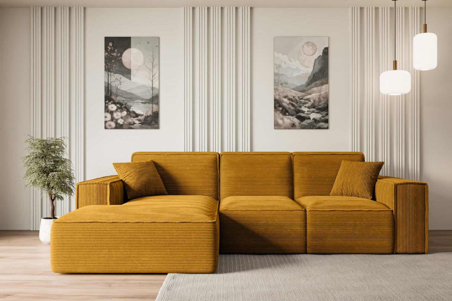 ECKSOFA Ottomane Links SERRA-L - 266x165x73 cm Senfgelb Cord - Gelb/Schwarz, Holzwerkstoff/Kunststoff (165/266cm) - ALTDECOR
