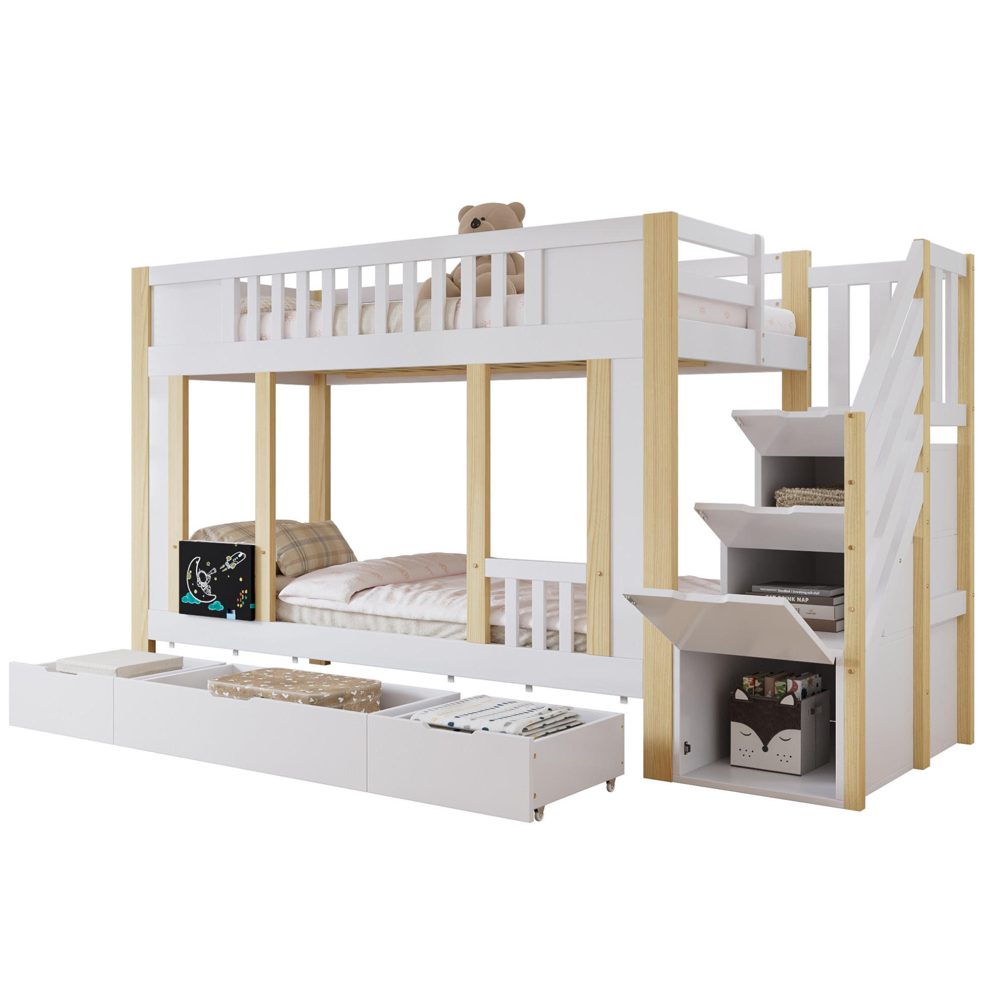 ETAGENBETT 90/200 cm in Weiß/Natur mit Treppenschrank und 3 Schubladen - Weiß, Holzwerkstoff (90/200cm) - Flora Grace