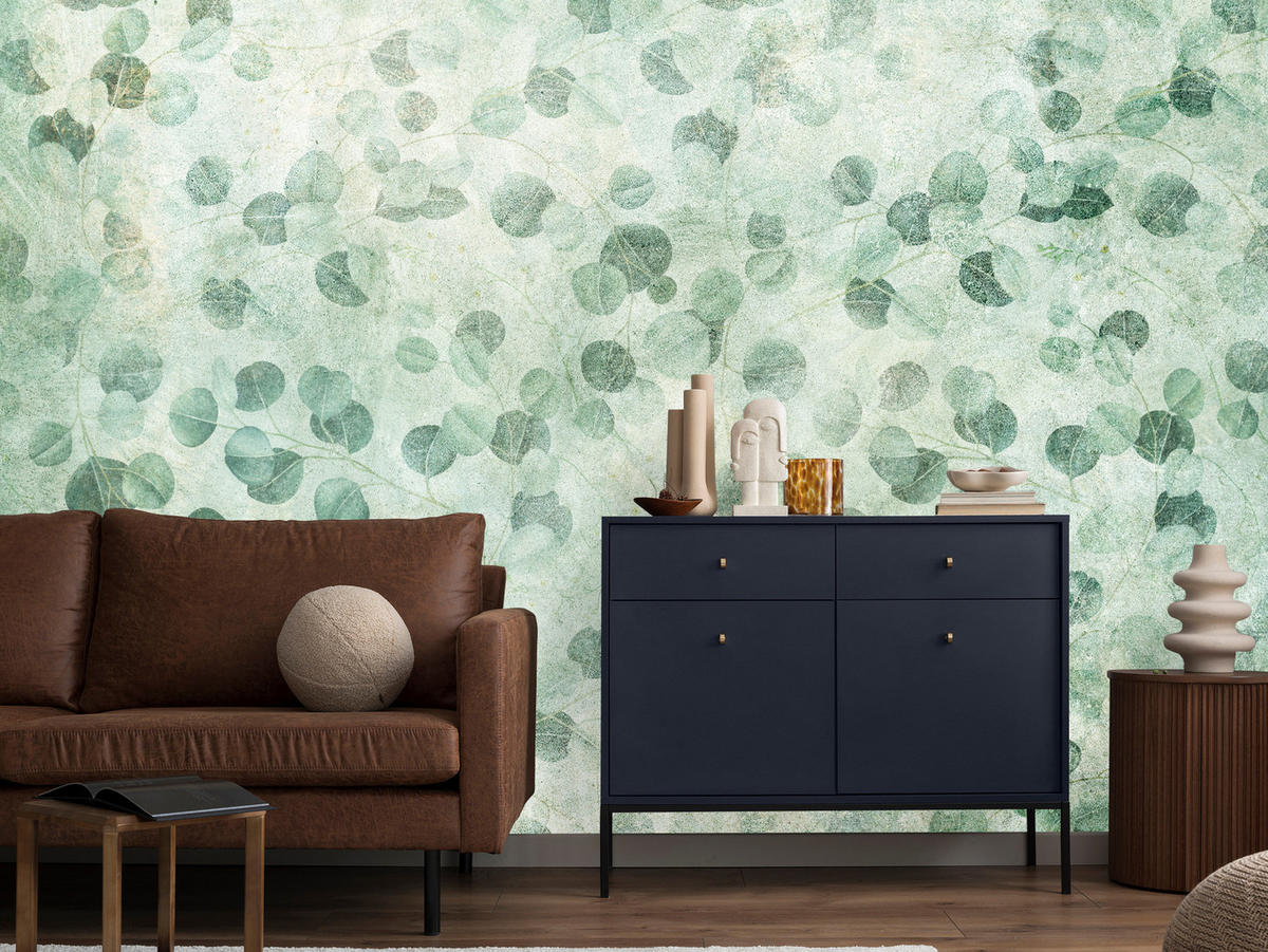 FOTOTAPETE für Schlafzimmer Grüne Blätter Beton Optik Natur Vintage Modern Blatt 200x140 - Grün, Papier (200/140cm) - Muralo