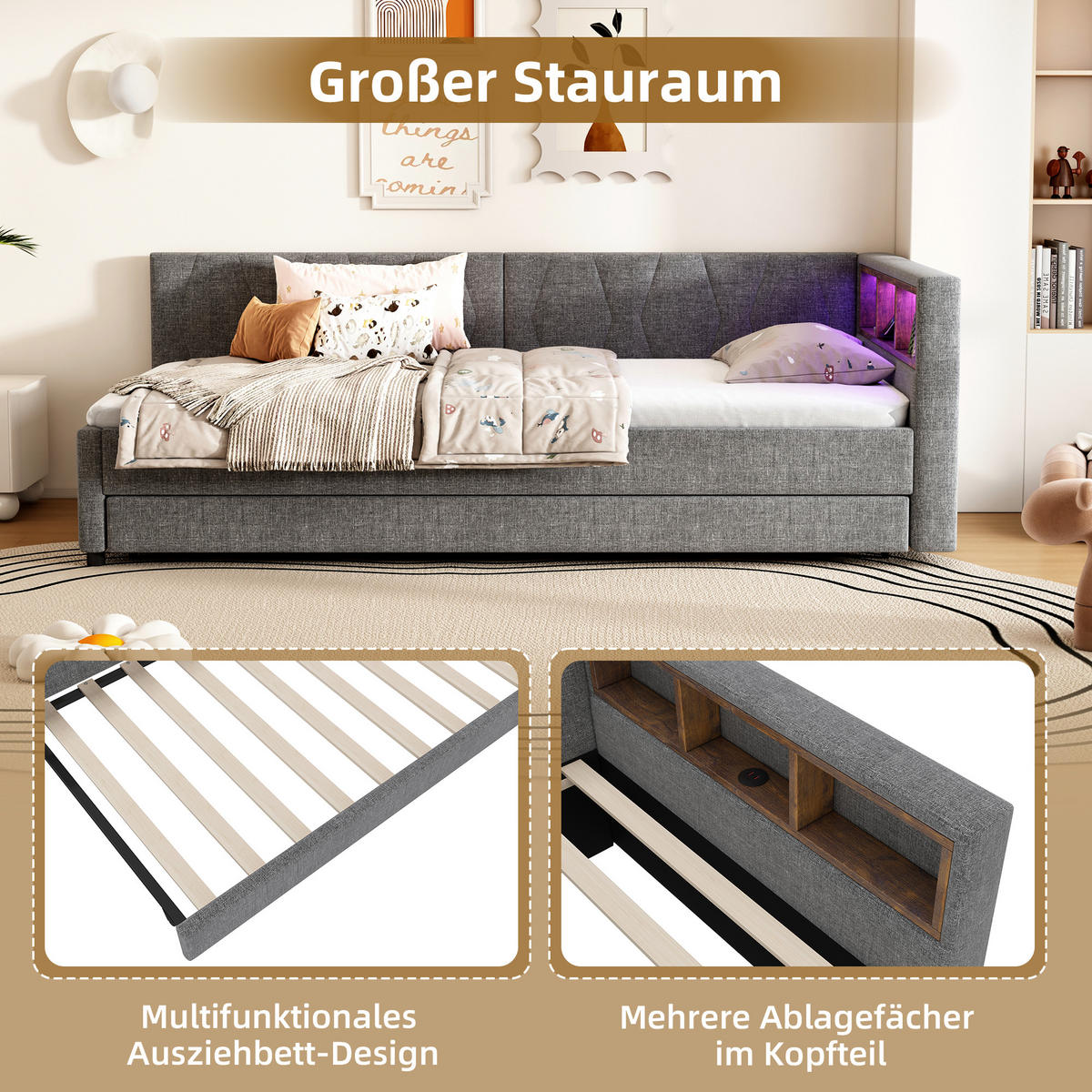 DAYBETT 90/200 cm Grau mit Ablagefach und LED-Beleuchtung aus Leinen - Grau, Textil (90/200cm) - OKWISH