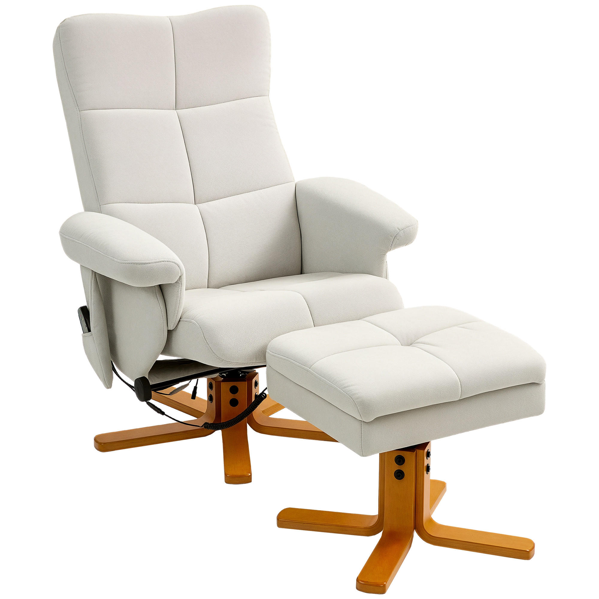 RELAXSESSEL Massagesessel mit Hocker Fernsehsessel mit Liegefunktion Cremeweiß - Creme/Braun, Holz/Textil (86/99/80cm) - HOMCOM