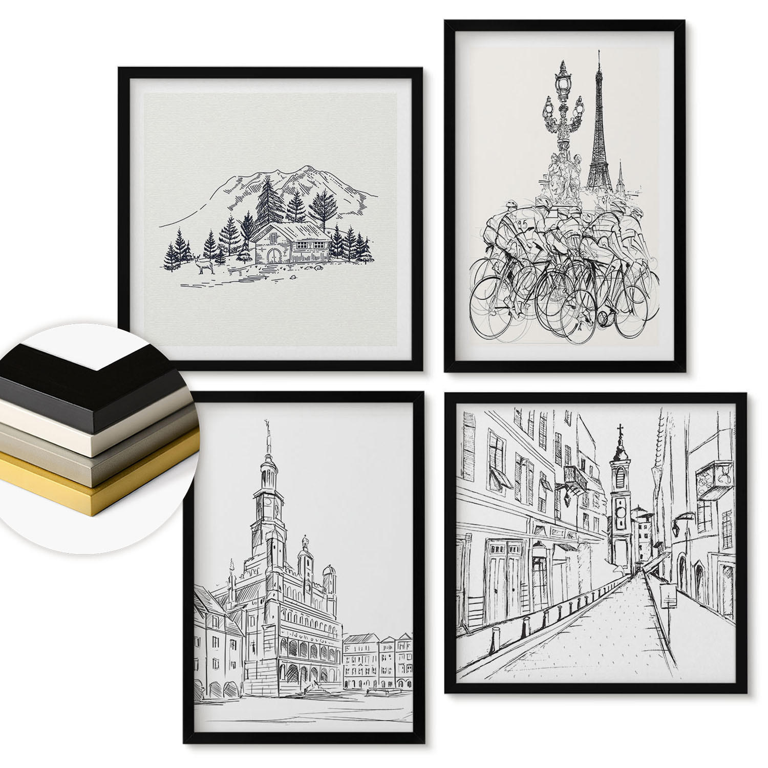 WANDBILDER 4er-Set - 50x50 cm & 40x60 cm Schwarzer Rahmen - Einfache Zeichnungen von Stadtansichten - Schwarz, Kunststoff (50/50cm) - ArtPrintCave