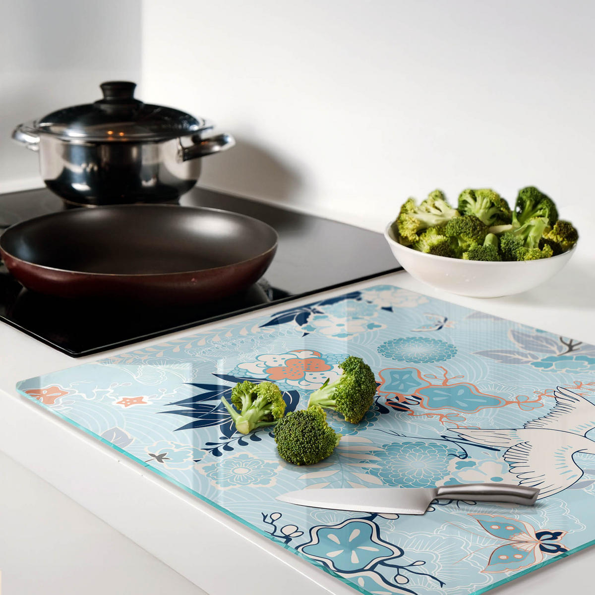 GLASPLATTE 60x52 cm Kranich und Blumen - Blau, Glas (60/0.4/52cm) - TULUP