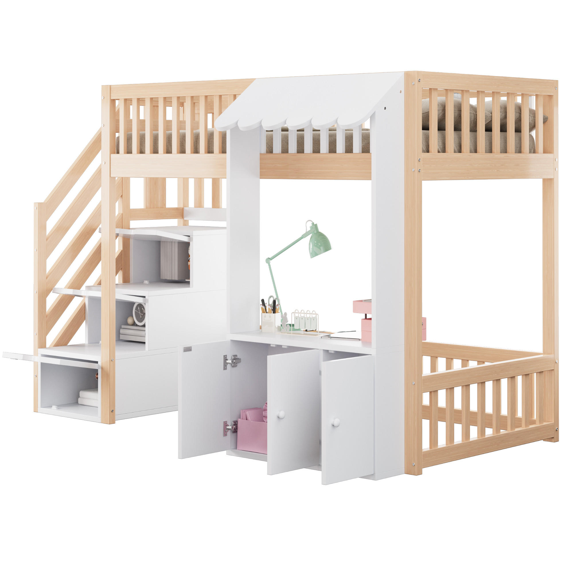 HOCHBETT aus Kiefernholz, Sperrholz und MDF 90x200 cm Holzfarbe mit Stauraumtreppe, LED-Lichtleiste und Stauraum - Naturfarben, Holz (90/200cm) - Modfu