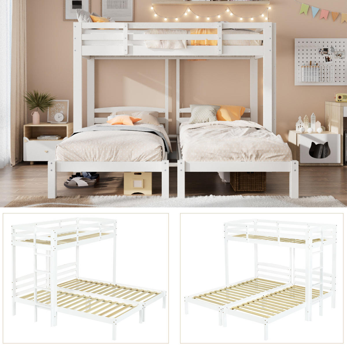 ETAGENBETT 90/200 cm mit Seitenleiter, 3 Schlafplätzen und Massivholzgestell, Weiß - Weiß, Holz (90/200cm) - Redom