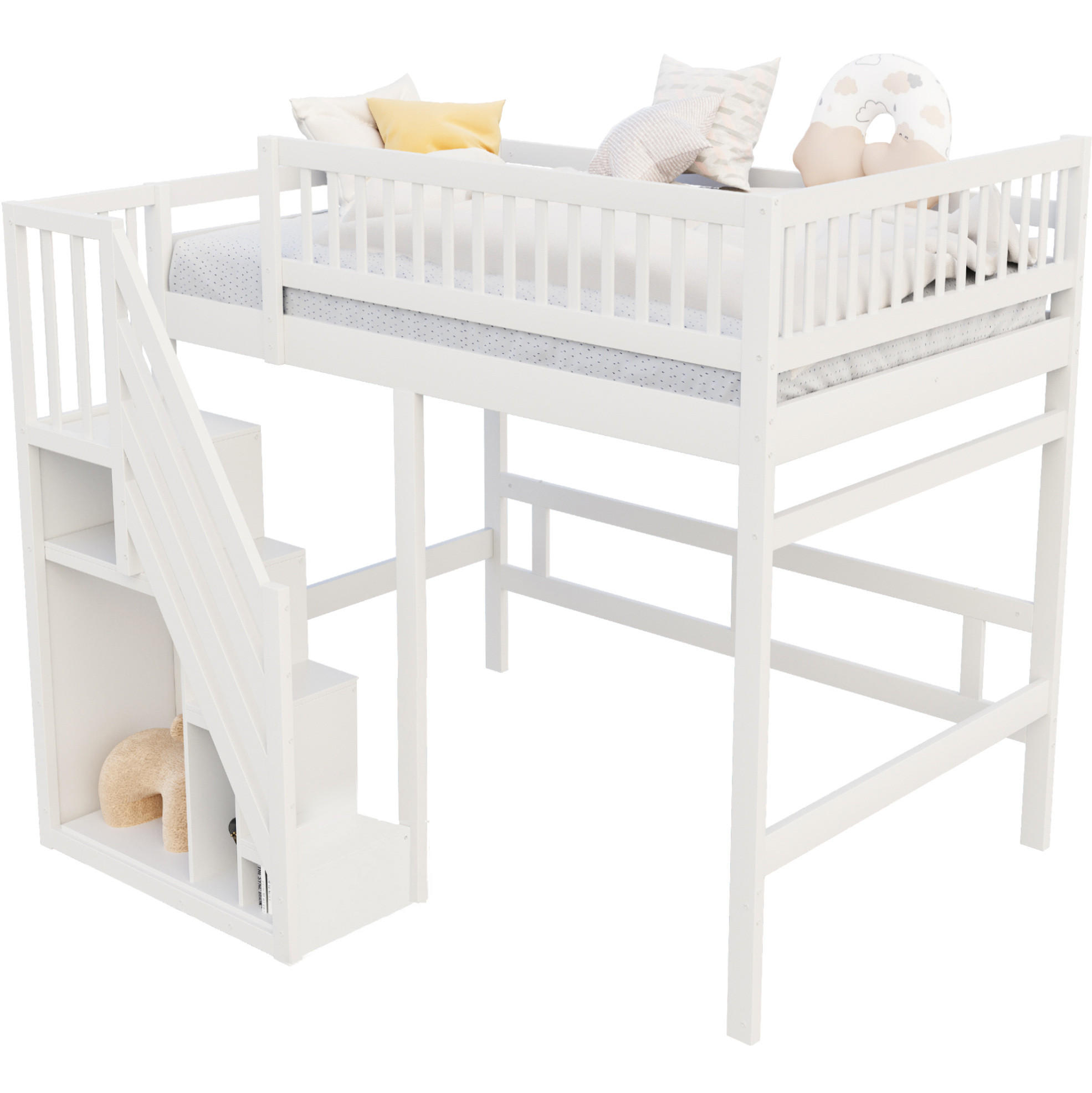HOCHBETT 140/200 cm weiß aus Holz mit Stauraumtreppe - Weiß, Holzwerkstoff (140/200cm) - OKWISH
