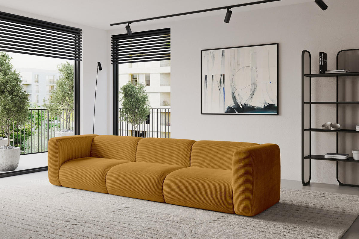MODULARES Sofa 3-SITZER MIRA-S2 319x89x70 Senfgelb cm Cord - Currygelb/Schwarz, Holzwerkstoff/Kunststoff (319/70/89cm) - ALTDECOR
