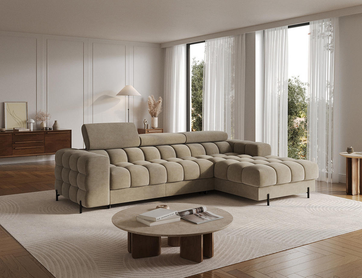 ECKSOFA FELRO mit Schlaffunktion, Bettkasten & verstellbaren Kopfstützen – Modernes Premium-Ecksofa in L-Form - Beige, Kunststoff (181/285cm) - Wohnideebilder