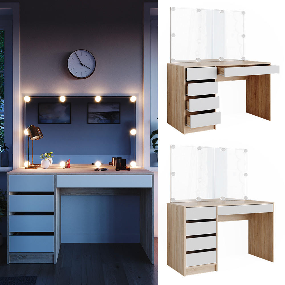 SCHMINKTISCH Sherry Weiß/Sonoma 120 cm mit LED Beleuchtung - Weiß/Sonoma Eiche, Holzwerkstoff (120/75/55cm) - Vicco