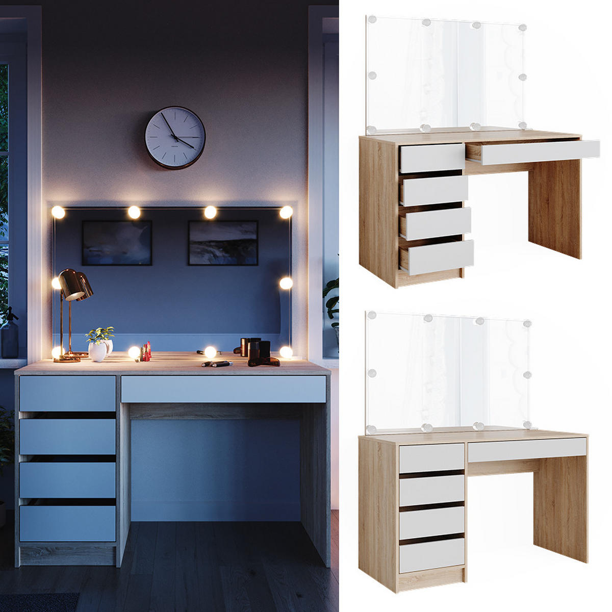 SCHMINKTISCH Sherry Weiß/Sonoma 120 cm mit LED Beleuchtung - Weiß/Sonoma Eiche, Holzwerkstoff (120/75/55cm) - Vicco