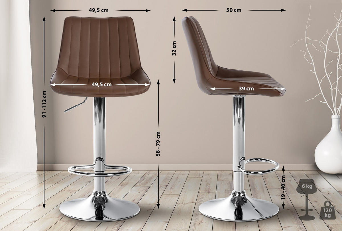 BARHOCKER Lederlook braun - Chromfarben/Braun, Textil/Metall (49.5/91/50cm) - CLP