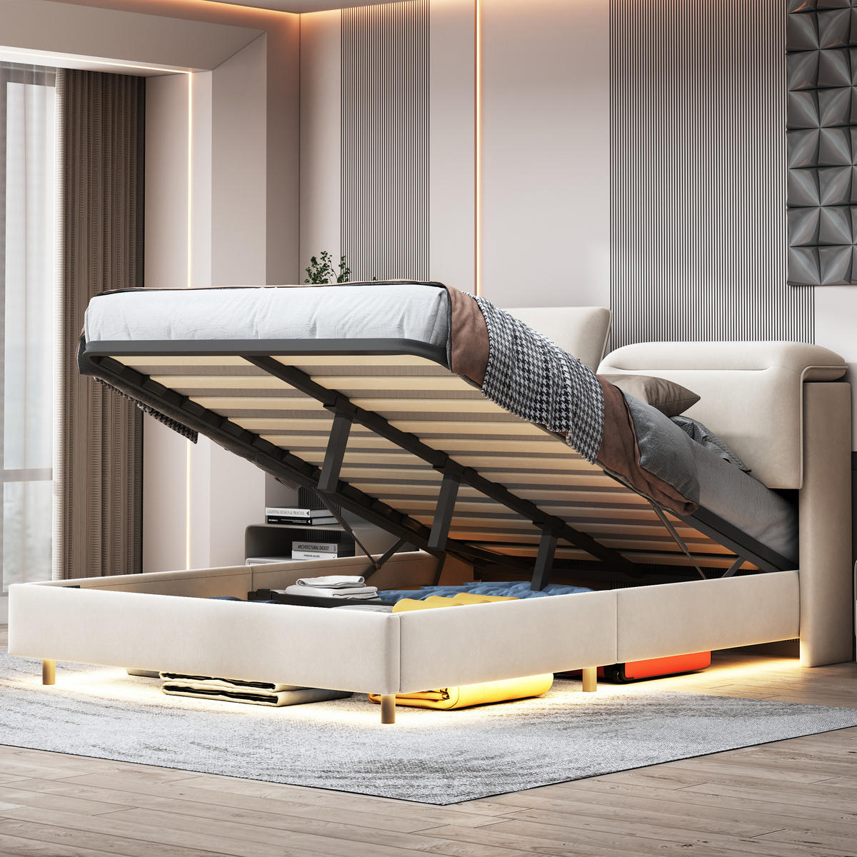 POLSTERBETT 160x200 cm, Beige, Doppelbett mit Stauraum & LED-Beleuchtung - Beige, Textil/Metall (160/200cm)